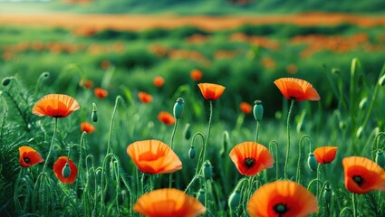 Poster - Vibrant Poppy Flowers in a Green Field with Space for Text and a Scenic Background Ideal for Nature and Spring Themes