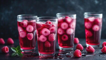 Aufkleber - Refreshing Cold Raspberry Tea in Glasses with Berries on Dark Background Perfect for Summer Beverages and Refreshing Drink Ads