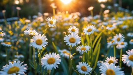 Poster - Daisies Blooming in a Botanical Garden During Summer Sunset with Warm Light and Copy Space for Text