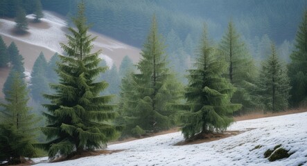 Poster - Winter landscape with green pines and snow covering a young pine forest on a hill surrounded by misty mountains and serene nature.