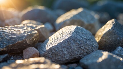 Poster - Close-up of textured rocks illuminated by natural sunlight with a soft focus on the background creating an artistic outdoor scene.