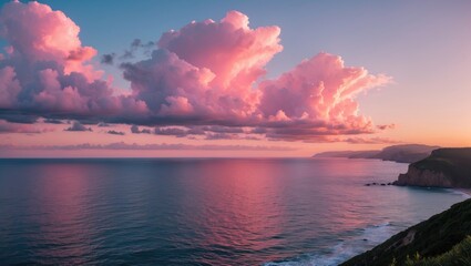 Poster - Vibrant Coastal Sunset with Soft Pink Clouds and Tranquil Ocean View Featuring Generous Empty Space for Text or Overlay Design