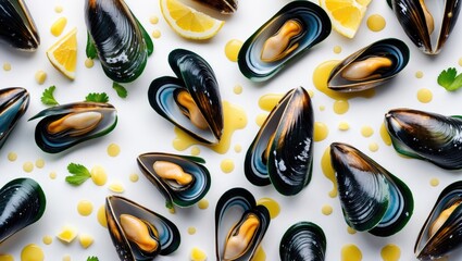 Aufkleber - Fresh Green Mussels with Lemon and Garnish on White Surface Culinary Presentation