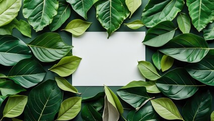 Poster - Nature-Inspired Flat Lay with Fresh Green Leaves Surrounding a Blank White Card for Customizable Design and Creative Layouts