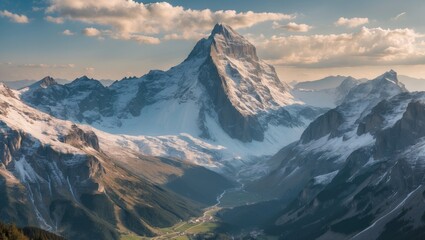 Aufkleber - Majestic panoramic view of snow-capped mountain peaks with lush valleys below and clear skies, featuring ample space for text overlay.