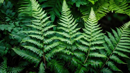 Poster - Lush green fern leaves creating a vibrant natural backdrop in a serene garden setting showcasing the beauty of indoor foliage.