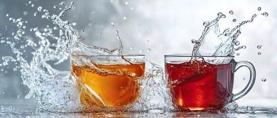 Wall Mural - Two cups of tea are splashing water, one is yellow and the other is red