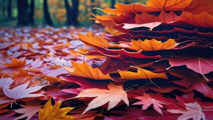 Poster - Vibrant autumn maple leaves in varying sizes stacked artistically on a colorful forest floor capturing the essence of fall foliage.