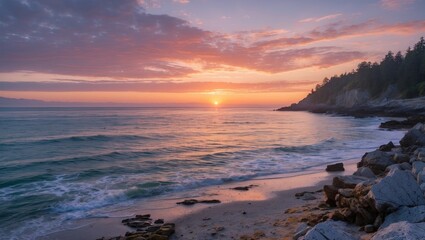 Poster - Scenic Coastal Sunset Over Serene Beach With Rocky Shoreline Ideal For Nature Photography And Travel Themes With Space For Text