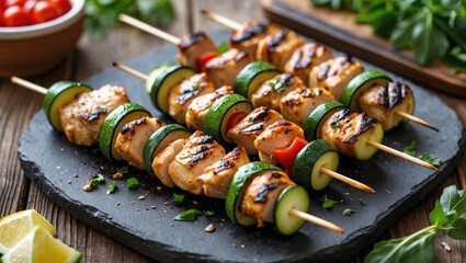 Poster - Grilled Chicken Skewers with Zucchini and Cherry Tomatoes on a Slate Plate Perfect for Outdoor Picnics and Summer Barbecues