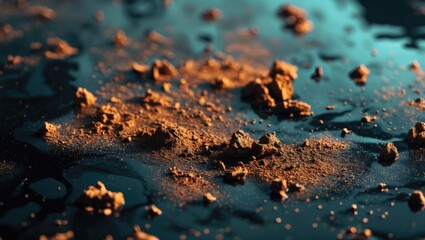 Fototapete - Dust particles on glossy black surface creating an abstract texture with rich colors and intricate details for background design use.