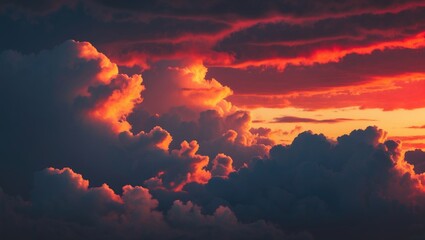 Poster - Dramatic sunset with vibrant orange and red hues illuminating dark clouds creating a breathtaking atmospheric landscape.