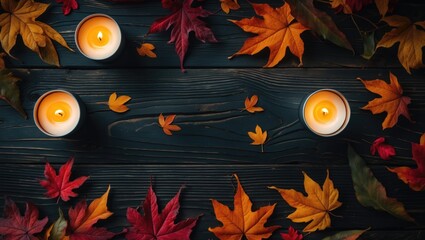 Poster - Autumn leaves and lit candles on a dark wooden background creating a cozy atmosphere with ample copy space for promotional use