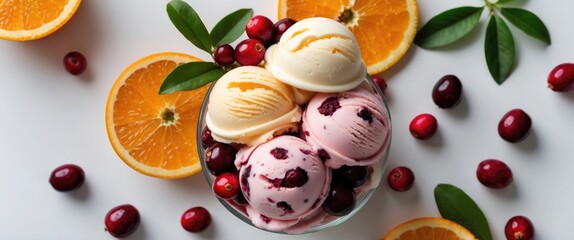 Poster - Gourmet Orange and Cranberry Gelato in a Bowl Surrounded by Fresh Fruit and Leaves on White Background with Space for Your Text