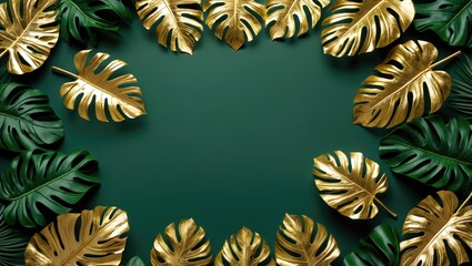 Poster - Tropical Leaf Pattern with Gold and Green Monstera Leaves on Dark Background Creating a Stylish Banner Design with Space for Text