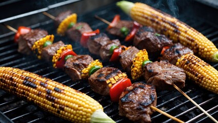 Poster - Grilled Meat Skewers with Vegetables and Corn on the Cob Cooking on Charcoal Grill Outdoor BBQ Meal Preparation