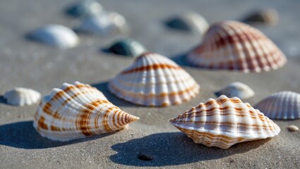 Poster - Colorful seashells scattered on sandy beach with ample empty space for text or design elements in a natural coastal setting.
