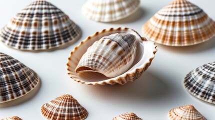 Poster - Decorative collection of various sea shells and clams arranged on a white background showcasing intricate patterns and textures.