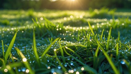 Fototapete - Morning Dew Drops on Lush Green Grass Glimmering in Sunlight with Soft Focus and Shallow Depth of Field for Natural Beauty Imagery