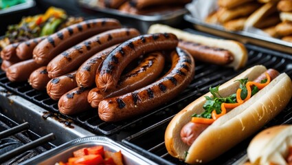 Poster - Grilled Sausages and Hot Dogs on BBQ Grill with Colorful Vegetables and Empty Space for Text in Street Food Setting