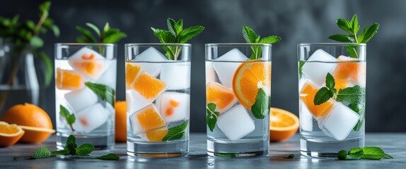 Poster - Refreshing Beverages with Fruit Ice Cubes Mint Leaves and Orange Slices in Glasses on a Dark Background with Space for Text