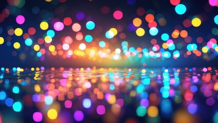 Poster - Vibrant Bokeh Light Background with Colorful orbs and Reflections for Creative and Festive Designs