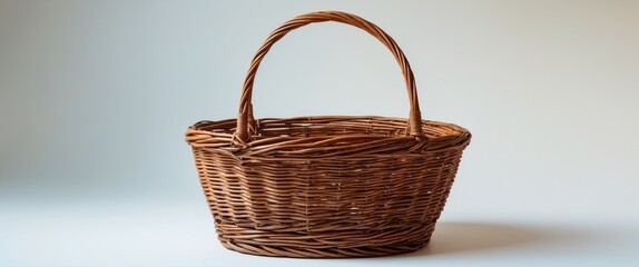 Poster - Empty Wicker Basket Isolated on Light Background Ideal for Text Placement and Creative Design Use in Home Decor or Gift Presentation