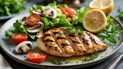 Poster - Grilled Chicken Breast with Fresh Lettuce Salad, Tomatoes, Mushrooms, and Lemon Wedges on a Beautiful Plate.