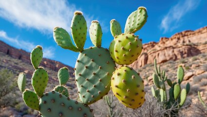 Aufkleber - Unripe Green Fruit on a Prickly Pear Cactus Against Rocky Hillside and Clear Blue Sky Nature Landscape Photography