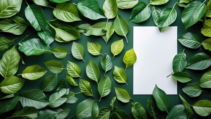 Poster - Creative Layout of Fresh Green Leaves Surrounding Blank White Card on Dark Green Background for Nature-Themed Designs and Projects