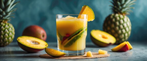 Aufkleber - Freshly squeezed tropical fruit drink in a glass with assorted fruits and empty space for text on textured background. Refreshing beverage concept.