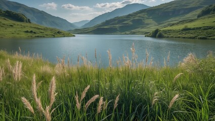 Poster - Serene Reservoir Landscape with Lush Grasslands and Mountains Under a Clear Sky