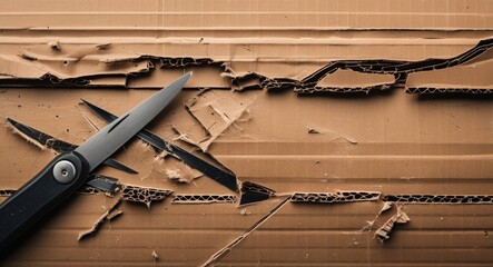 Poster - Cuts and scratches on cardboard surface with scissors highlighting texture and imperfections in a creative and artistic composition