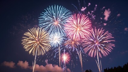 Poster - Vibrant Fireworks Display Illuminating Night Sky with Space for Custom Text and Celebratory Themes