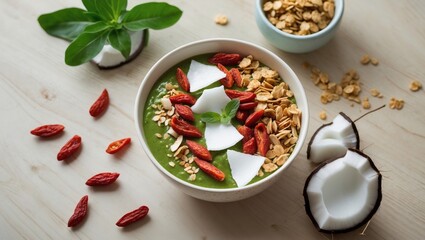 Poster - Green Smoothie Bowl With Goji Berries Coconut Chips And Granola On Wooden Table Healthy Eating Concept With Copy Space For Text