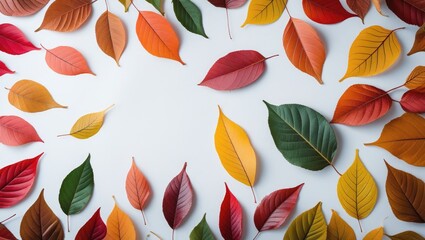 Poster - Vibrant autumn leaves arranged artistically on a clean white background showcasing seasonal colors and natural beauty.