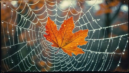 Poster - Autumn leaf on a spiderweb adorned with sparkling dewdrops creating a serene natural scene in soft morning light.