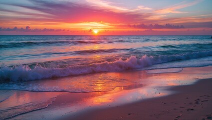 Poster - Vibrant Sunset Over Tranquil Beach with Gentle Waves Reflecting Colorful Skies