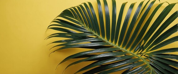 Aufkleber - Tropical Palm Leaf Set Against Vibrant Yellow Background Minimalist Summer Aesthetic Creative Flat Lay with Copy Space for Design Use