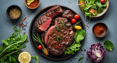 Poster - Grilled Medium Rare Steak with Fresh Salad and Spices Overhead View on Wooden Table with Copy Space for Culinary Text