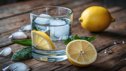 Poster - Refreshing glass of water with ice and lemon on wooden table showcasing hydration and natural ingredients