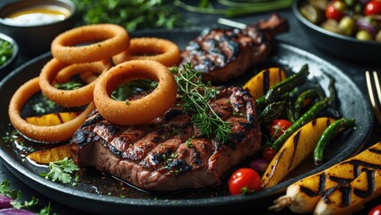 Poster - Grilled Meat Platter with Onion Rings and Seasonal Vegetables on a Dark Tabletop with Space for Text and Branding