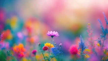 Poster - Vibrant floral abstract background with soft focus showcasing a variety of colorful flowers in a dreamy and serene natural setting.
