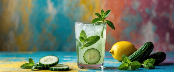 Poster - Refreshing lemonade with cucumber and mint garnished with fresh herbs on a vibrant color backdrop showcasing summer vibes and thirst-quenching delight.