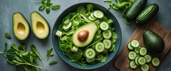 Poster - Fresh Green Salad with Cucumber and Avocado in Bowl Surrounded by Ingredients and Empty Space for Creative Text or Branding
