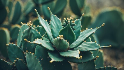 Poster - Agave attenuata succulent plant with soft textures and blurred background showcasing bold green colors and intricate leaf details.