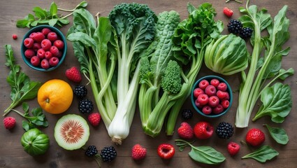 Leinwandbilder - Healthy Fresh Green Vegetables and Colorful Berries Rich in Nutrients on Wooden Table Top View
