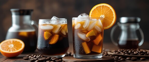 Poster - Refreshing iced cold brew coffee with orange slices and ice, served in stylish glassware against a rustic wooden background.