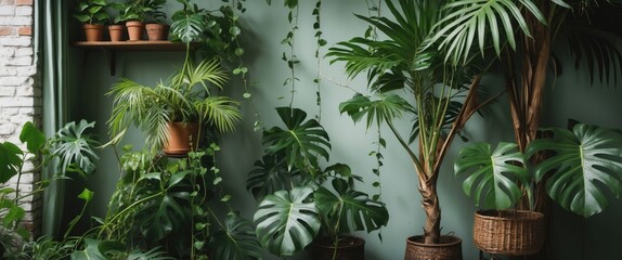 Fototapete - Tropical Greenery with Monstera and Lush Palms in Indoor Setting for Relaxing and Eco-Friendly Ambiance