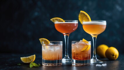 Aufkleber - Assorted Cocktail Glasses with Lemon Garnish on Dark Background